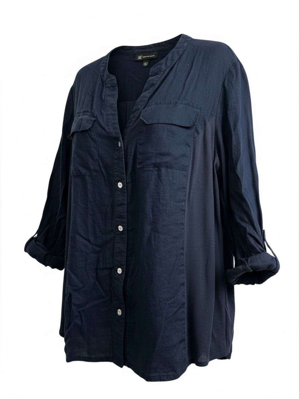 INC International Concepts 100% Linen Navy Button Down Tab Sleeve Shirt